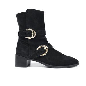 Stuart Weitzman Britain Black Suede Western Buckle Boots Horse Girl Block Heel 9